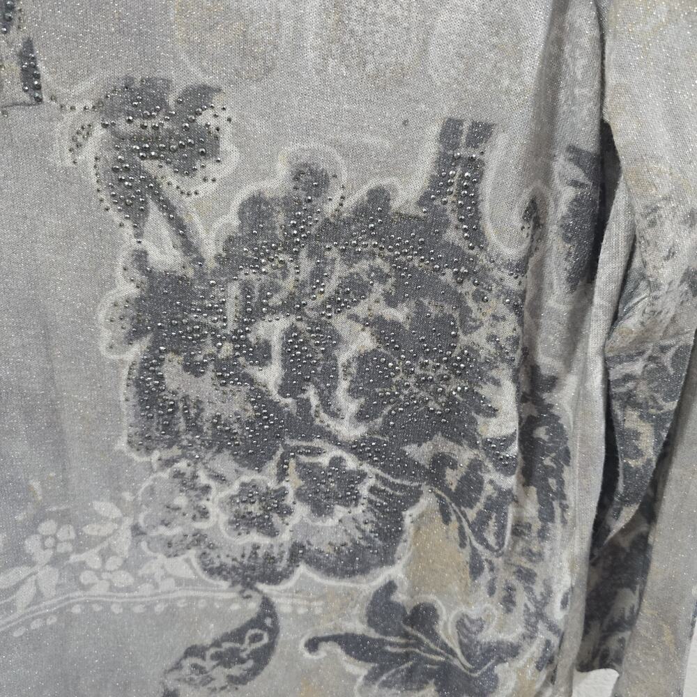 Chicos Metallic Floral Long Sleeve Top Gray Silver Stretch Sparkle Shrit L - Picture 5 of 9